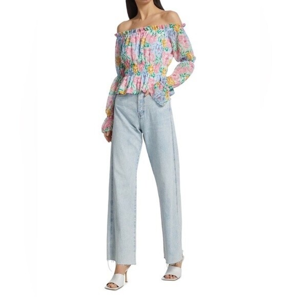 WAYF off the shoulder floral bright lightweight ladies blouse small cute y2k - Picture 3 of 12